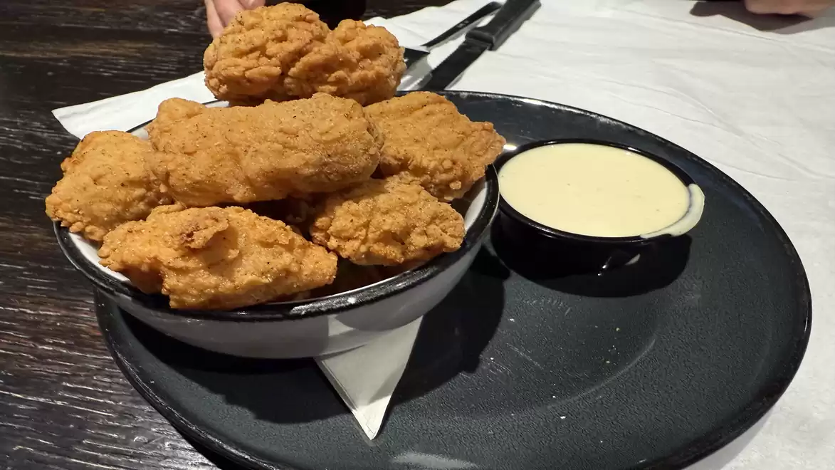 A plate of crispy, golden-brown aligator served with a light dipping sauce in a small dish beside them.