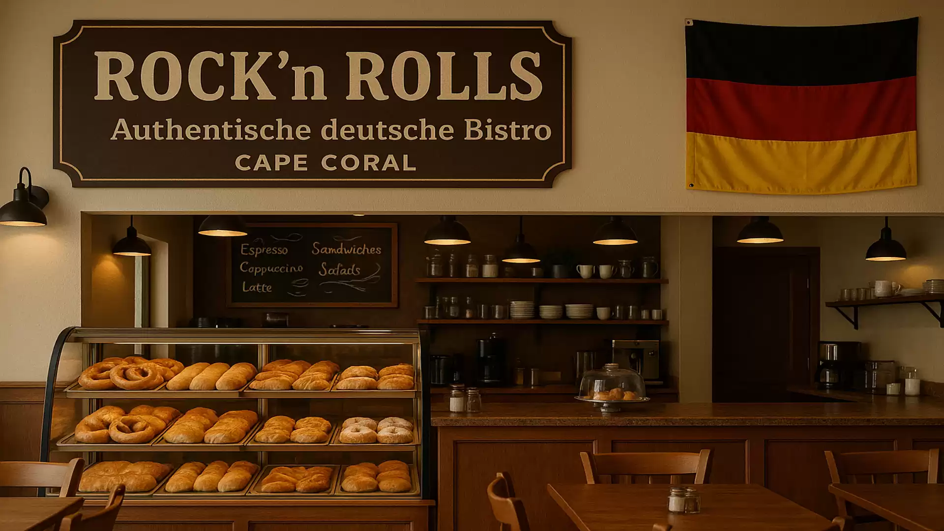Interior view of a German bistro named Rock'n Rolls in Cape Coral with a selection of pastries and a German flag.