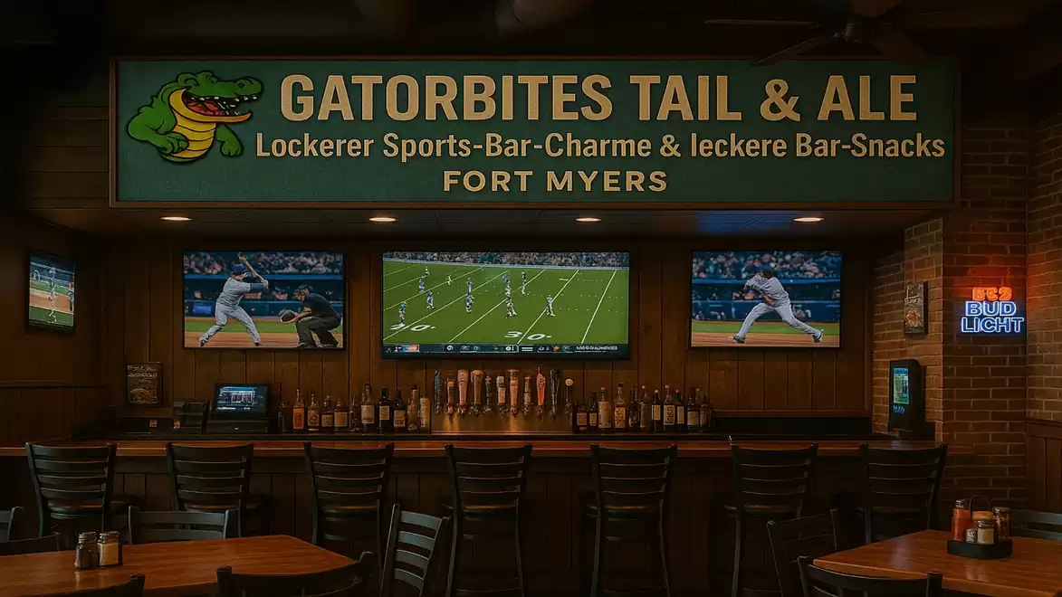 Interior view of a sports bar called Gatorbites Tail & Ale in Fort Myers. A sign hangs above the bar and three TVs display sports broadcasts.
