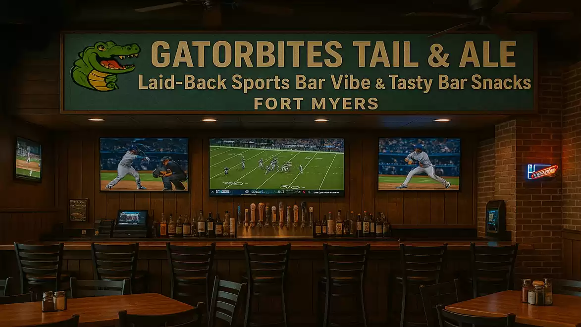 Interior of a sports bar with three screens showing sports broadcasts and a well-stocked bar in Fort Myers.
