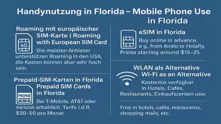 Infographic on mobile phone usage in Florida with details on roaming, SIM cards, and Wi-Fi options.