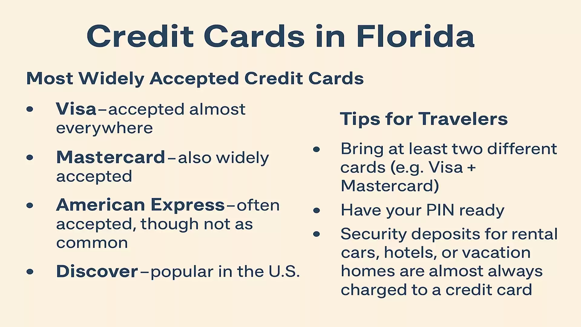 Informational image about credit cards and travel tips in Florida, highlighting the most widely accepted credit cards like Visa, Mastercard, American Express, and Discover along with tips for travelers.