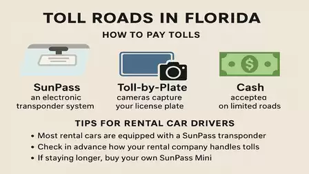 Overview of toll roads in Florida with payment methods: SunPass, toll-by-plate, and cash. Additional tips for rental car drivers.