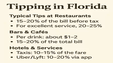 Information on tipping in Florida: Typical tips in restaurants are 15-20% of the bill before tax, and for excellent service, 20-25%. In bars and cafés, $1-2 per drink or 15-20% of the total bill is customary. For taxis, 10-15% of the fare, and for Uber/Ly