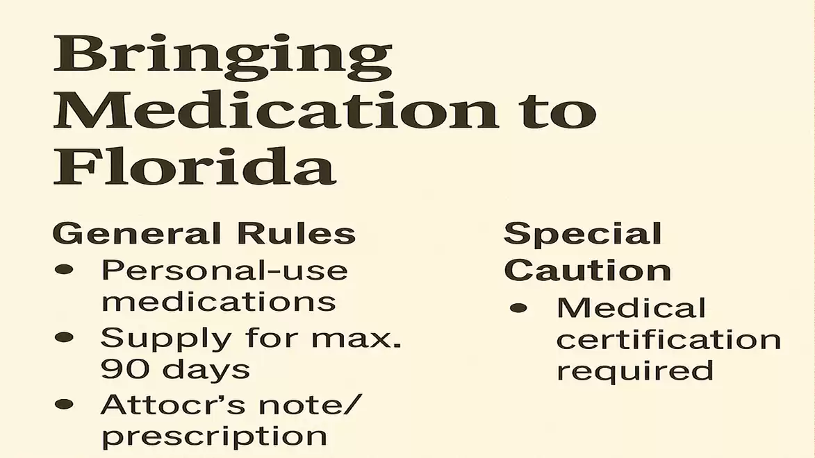 Information on bringing medication to Florida. General rules include personal-use medications, supply for max 90 days, and a doctor's note or prescription. Special caution: Medical certification required.