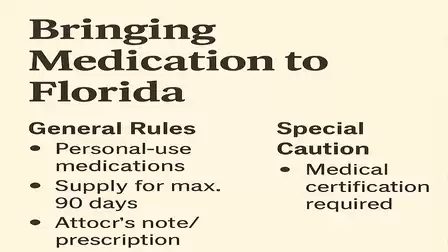 Information on bringing medication to Florida. General rules include personal-use medications, supply for max 90 days, and a doctor's note or prescription. Special caution: Medical certification required.