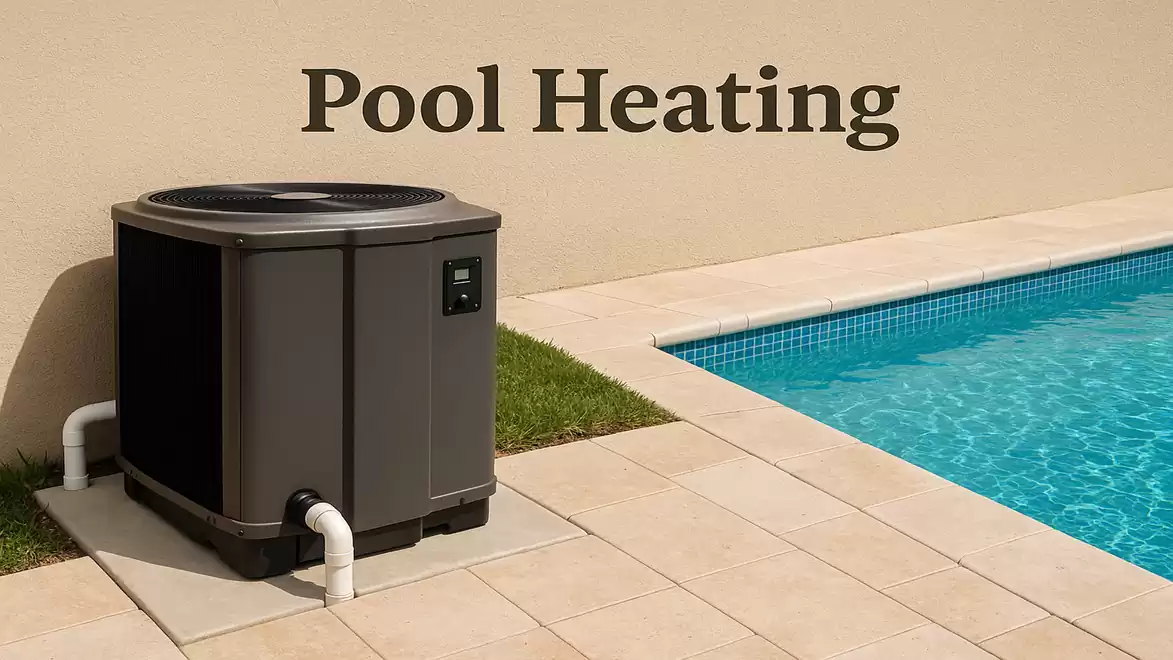 Pool heating system next to a tiled swimming pool.