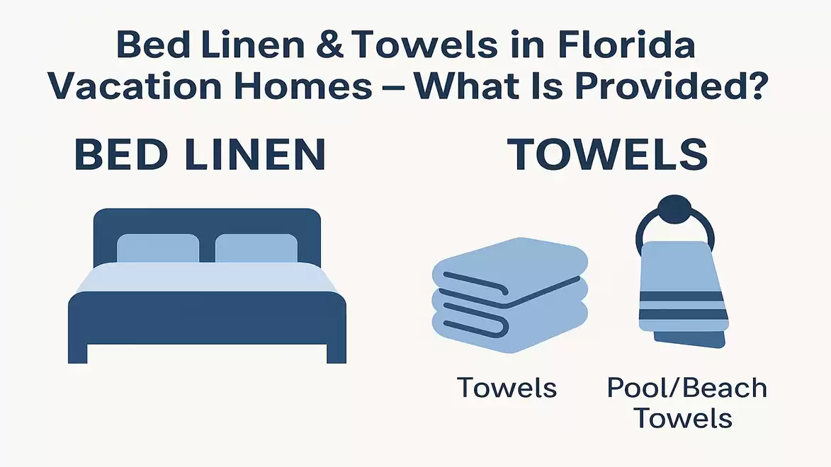 An infographic showing the provided bed linen and towels in Florida vacation homes. On the left is a bed representing bed linen. On the right, there are two types of towels, one for general use and one for the pool or beach.