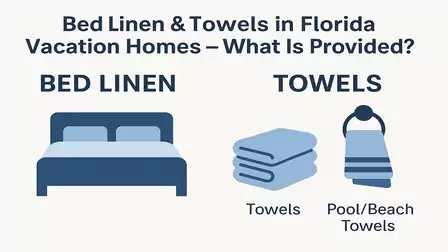An infographic showing the provided bed linen and towels in Florida vacation homes. On the left is a bed representing bed linen. On the right, there are two types of towels, one for general use and one for the pool or beach.