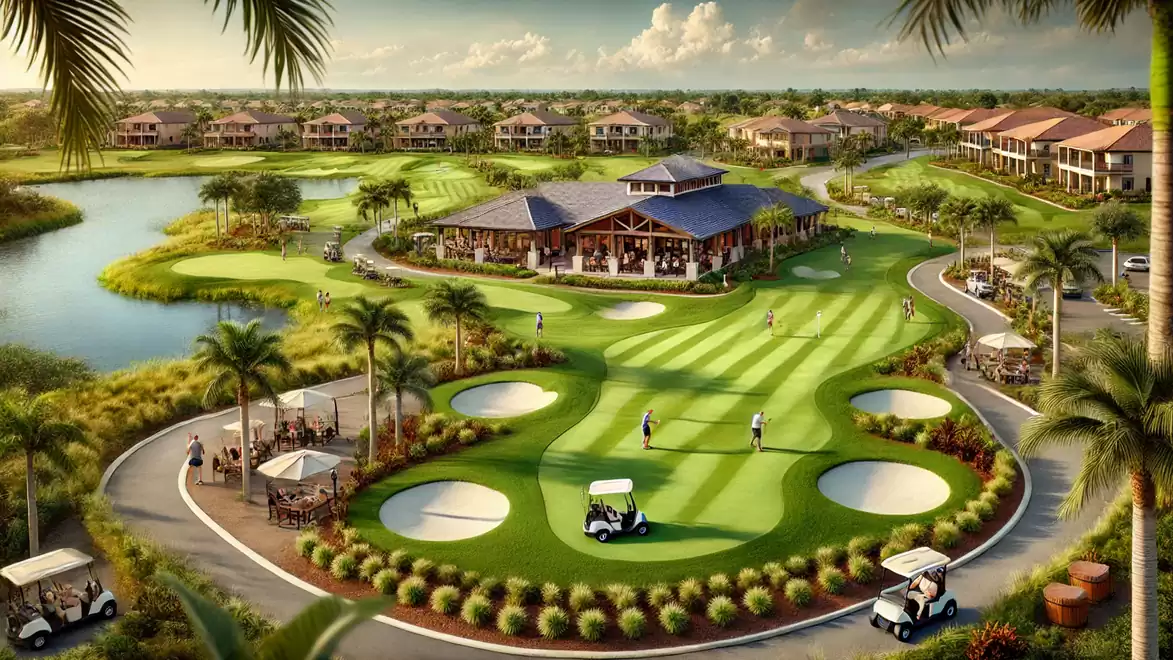 Image of a luxurious golf course with a clubhouse in the center, surrounded by manicured lawns and bunkers. Elegant residential houses and a small lake are visible in the background.