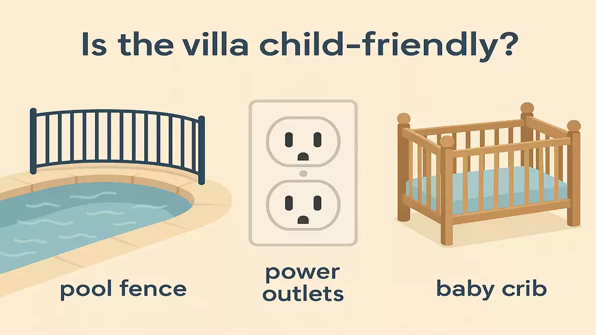 Illustration of a child-friendly villa with a pool fence, power outlet covers, and a baby crib.