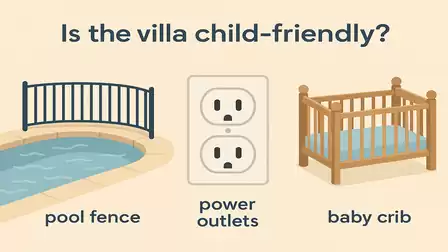 Illustration of a child-friendly villa with a pool fence, power outlet covers, and a baby crib.