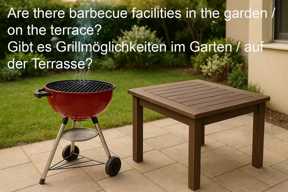 A red charcoal grill next to a wooden table on a terrace, with the question about barbecue facilities in the garden or on the terrace.