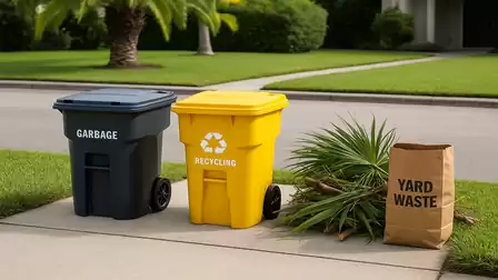 Three waste bins on the sidewalk: A black one for garbage, a yellow one for recycling, and a paper bag for yard waste.
