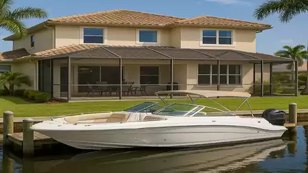 Large two-story villa with a boat dock and sleek motorboat in the foreground. Perfect holiday home setting with palm trees and blue sky.