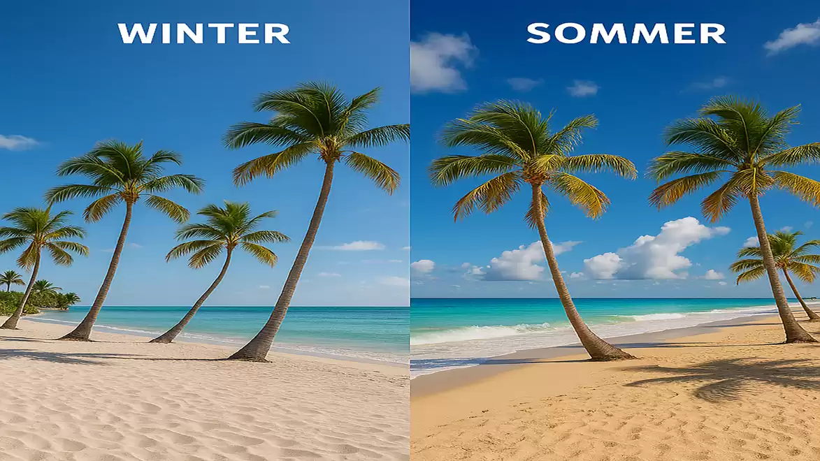 Comparison of a beach in winter and summer with palm trees and blue sky.