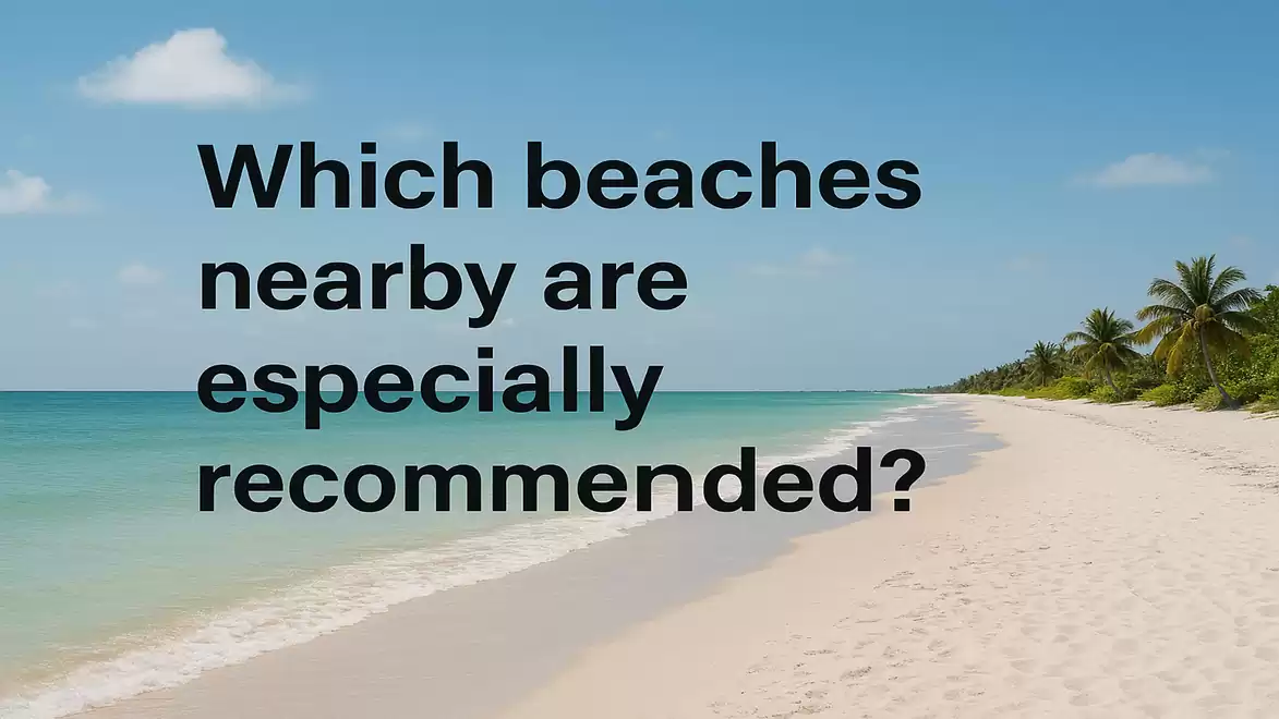 An idyllic sandy beach with palm trees under a clear blue sky. In the foreground, there is text: 'Which beaches nearby are especially recommended?'