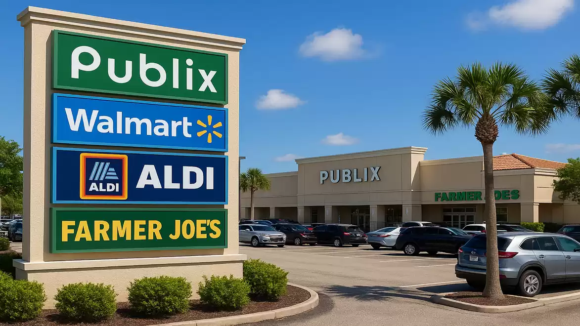 A shopping center with a large sign displaying the logos of Publix, Walmart, Aldi, and Farmer Joe's. In the background, the Publix building, parked cars, and palm trees are visible.