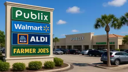 A shopping center with a large sign displaying the logos of Publix, Walmart, Aldi, and Farmer Joe's. In the background, the Publix building, parked cars, and palm trees are visible.