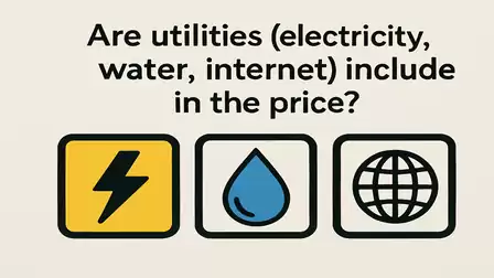 Image asking if utilities such as electricity, water, and internet are included in the price, represented by three icons: lightning bolt, water drop, and globe.