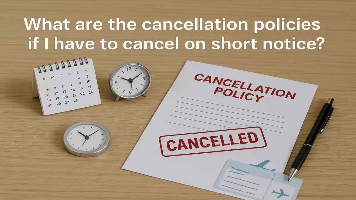Image of a desk with a calendar, two clocks, a document labeled 'Cancellation Policy' with a 'Cancelled' stamp, and a boarding pass.