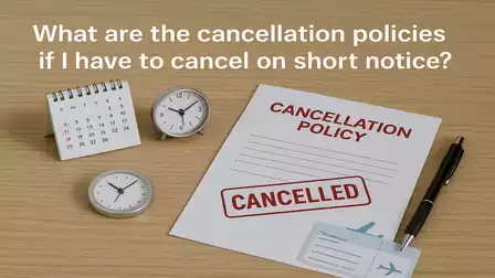 Image of a desk with a calendar, two clocks, a document labeled 'Cancellation Policy' with a 'Cancelled' stamp, and a boarding pass.
