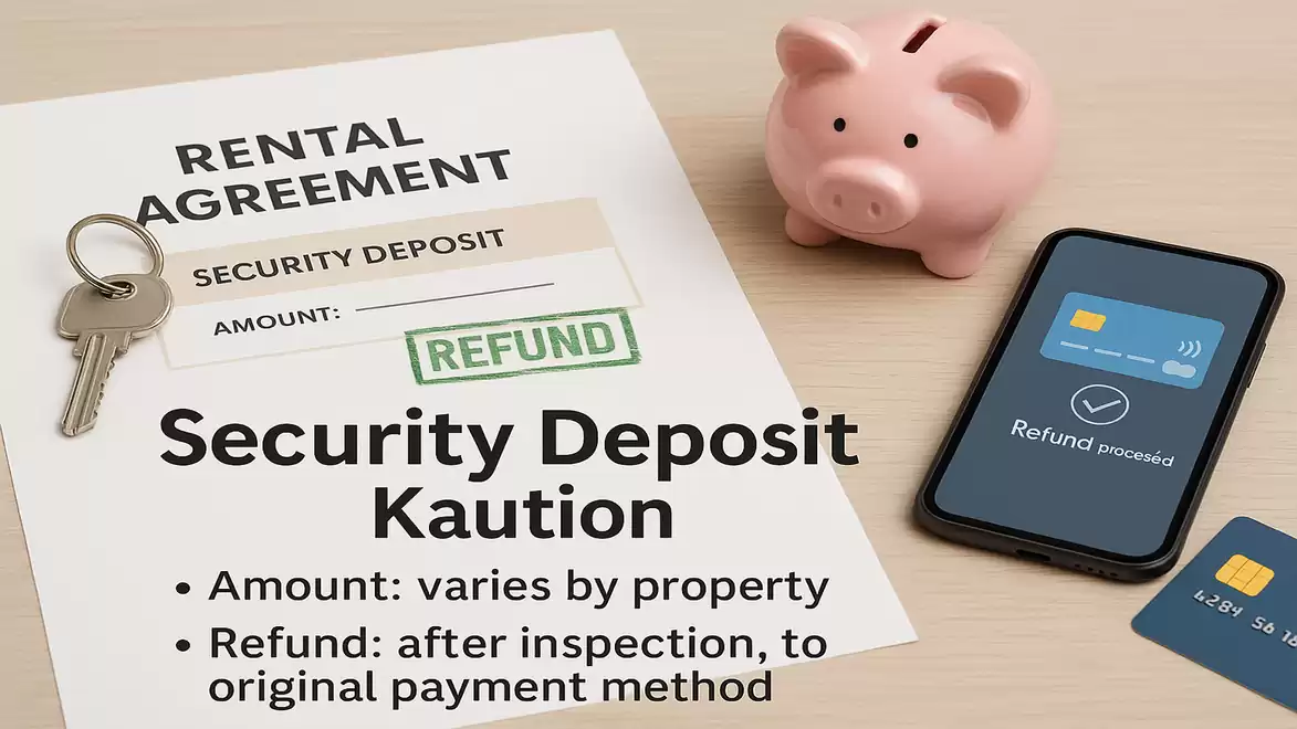 Image showing a rental agreement, a piggy bank, a smartphone, and a key, illustrating the concept of a security deposit and its refund.