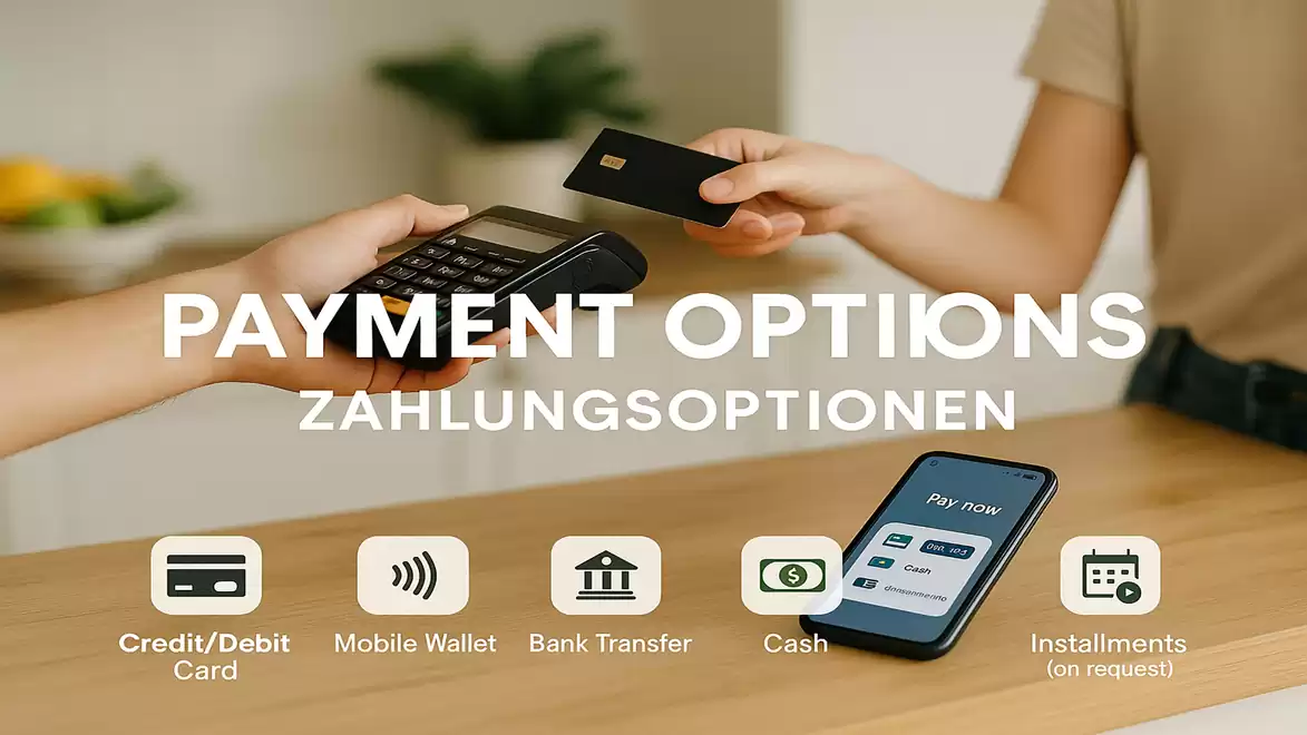 Close-up of a person handing a credit card to a card reader. The image displays various payment methods, including credit/debit card, mobile wallet, bank transfer, cash, and installment options.