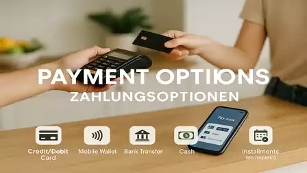 Close-up of a person handing a credit card to a card reader. The image displays various payment methods, including credit/debit card, mobile wallet, bank transfer, cash, and installment options.