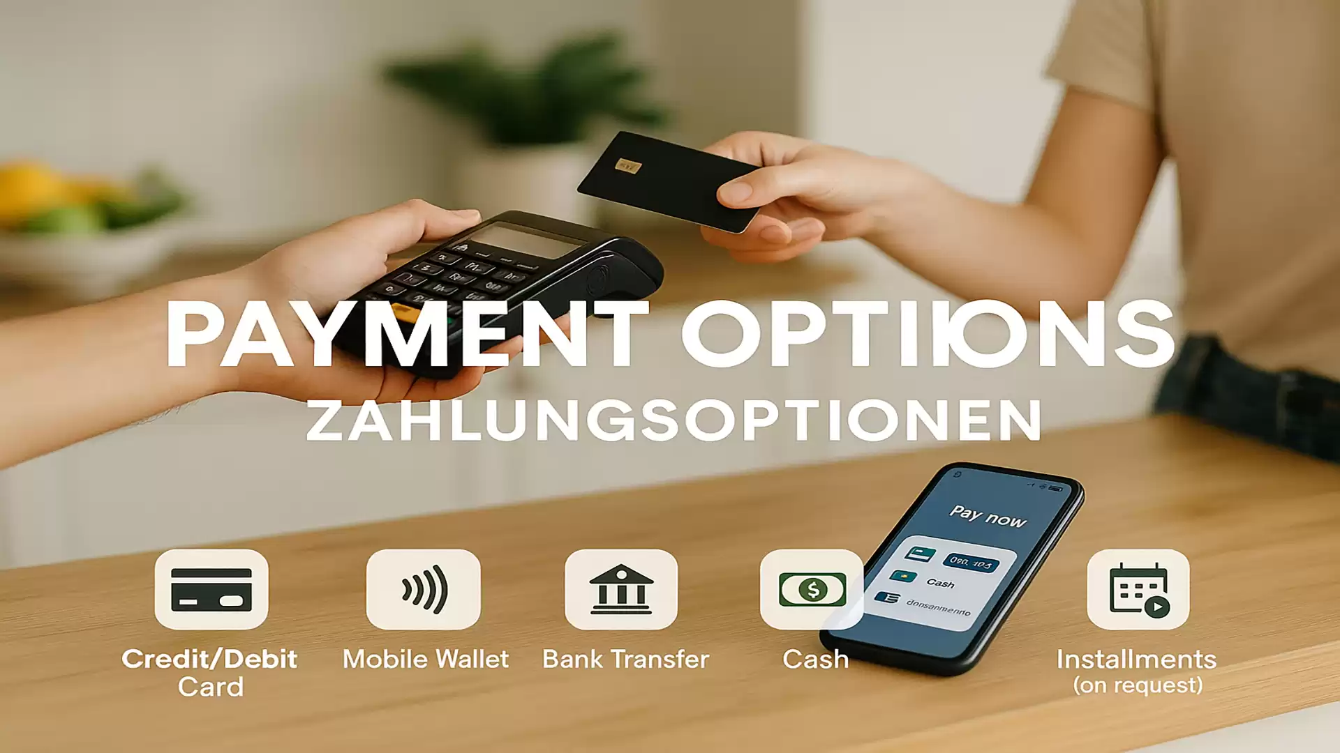 A customer hands a credit card to a seller as a payment method. Other payment options like Mobile Wallet and Bank Transfer are shown below.