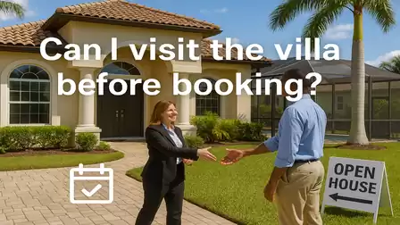 Two people shaking hands in front of a villa with an open house sign and the question: Can I visit the villa before booking?