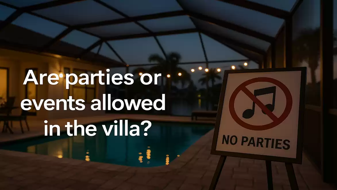 Image shows a villa's pool area at night with a sign prohibiting parties.