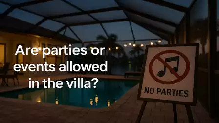Image shows a villa's pool area at night with a sign prohibiting parties.