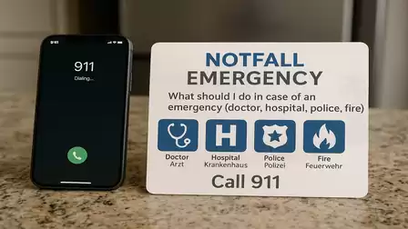 A mobile phone displays the dialing screen with the number 911 next to a sign providing emergency instructions, including doctors, hospitals, police, and fire department.