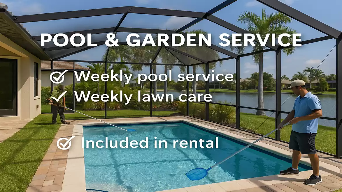 Image of a man cleaning a swimming pool. In the background, a well-maintained garden. Text on the image: 'Pool & Garden Service, Weekly pool service, Weekly lawn care, Included in rental'.