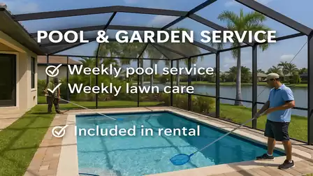 Image of a man cleaning a swimming pool. In the background, a well-maintained garden. Text on the image: 'Pool & Garden Service, Weekly pool service, Weekly lawn care, Included in rental'.