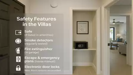 Photo of a living area in a villa with safety features listed. The amenities include a safe, smoke detectors, fire extinguisher, escape and emergency plans, and electronic door locks.