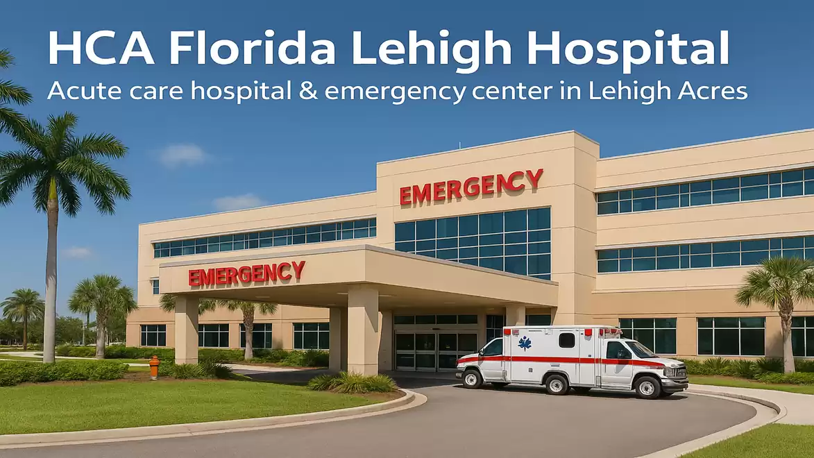 Exterior view of HCA Florida Lehigh Hospital with emergency room and ambulance in front.