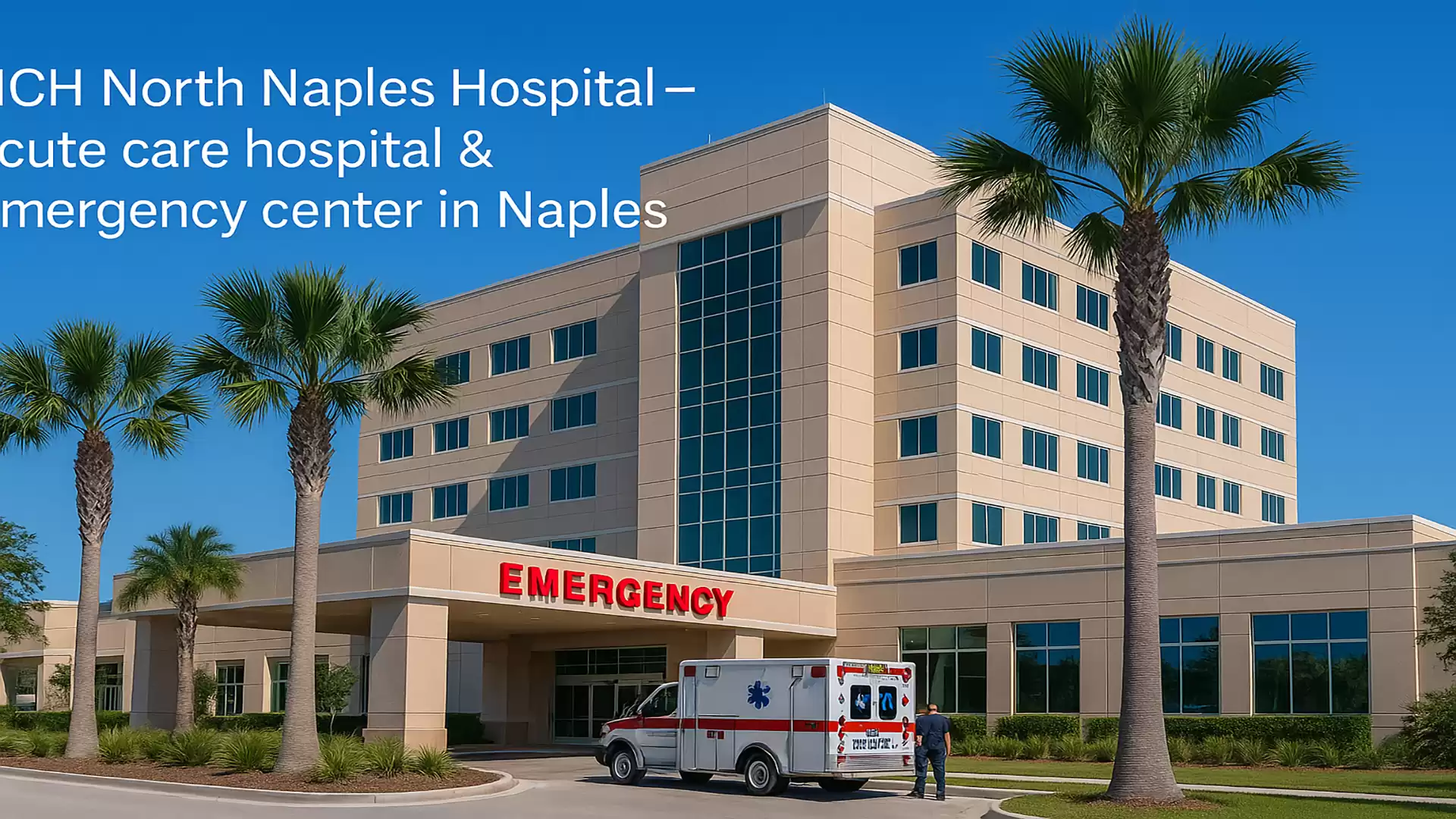 Modern hospital in Naples with palm trees and an ambulance in the foreground.