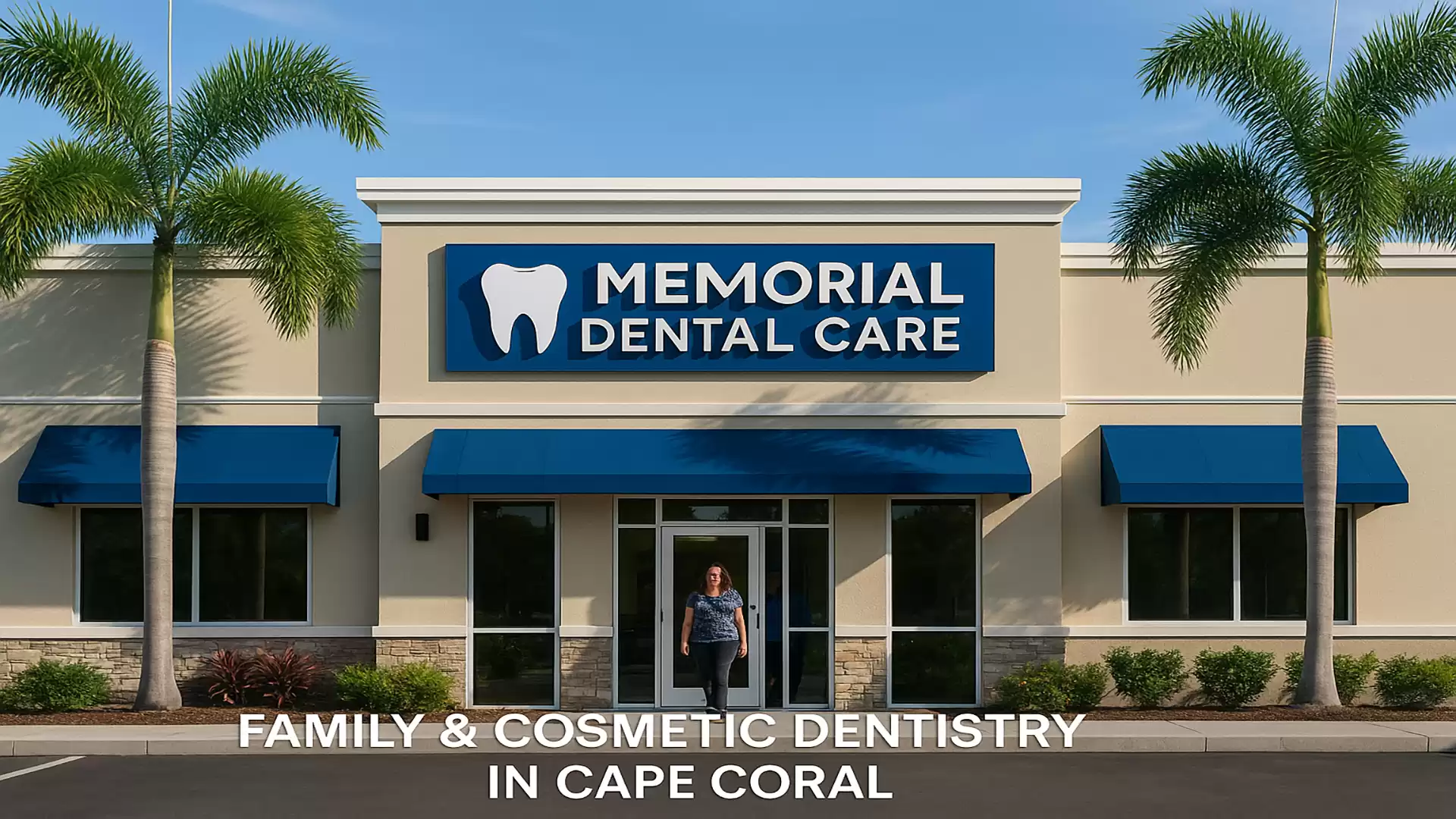 Entrance of Memorial Dental Care dental clinic in Cape Coral, featuring blue awnings and palm trees.