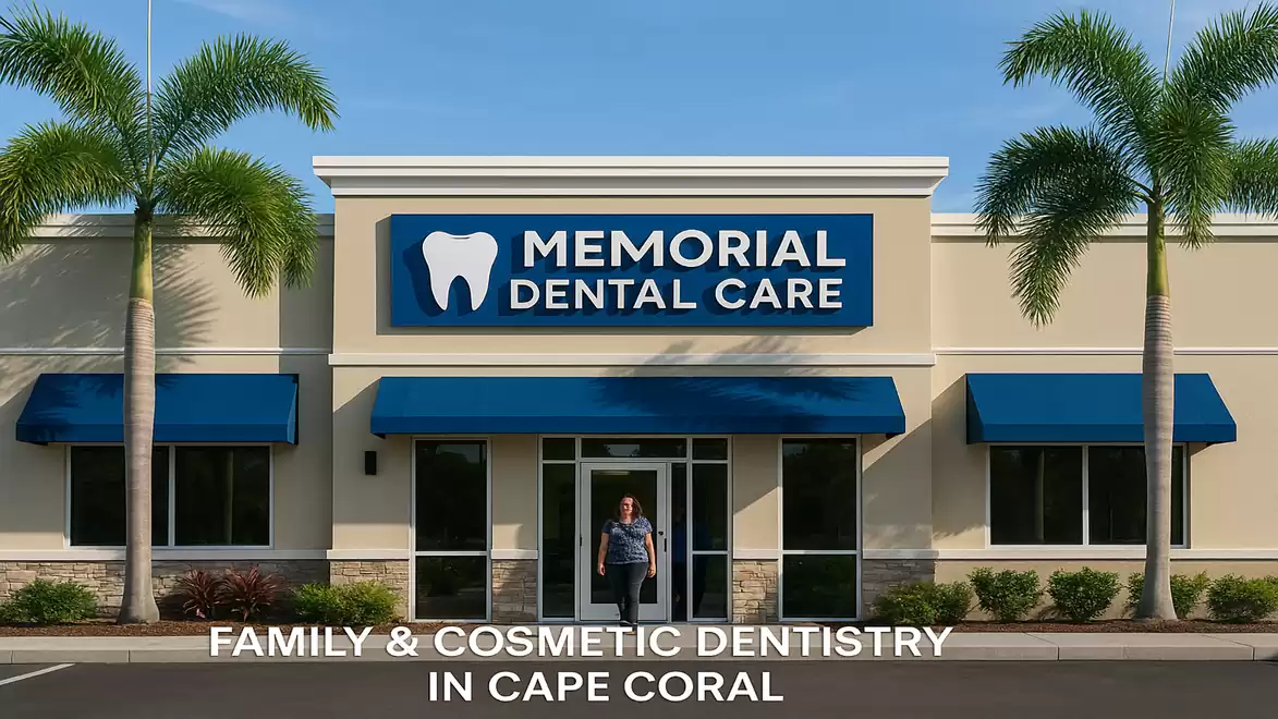 Entrance of Memorial Dental Care dental clinic in Cape Coral, featuring blue awnings and palm trees.