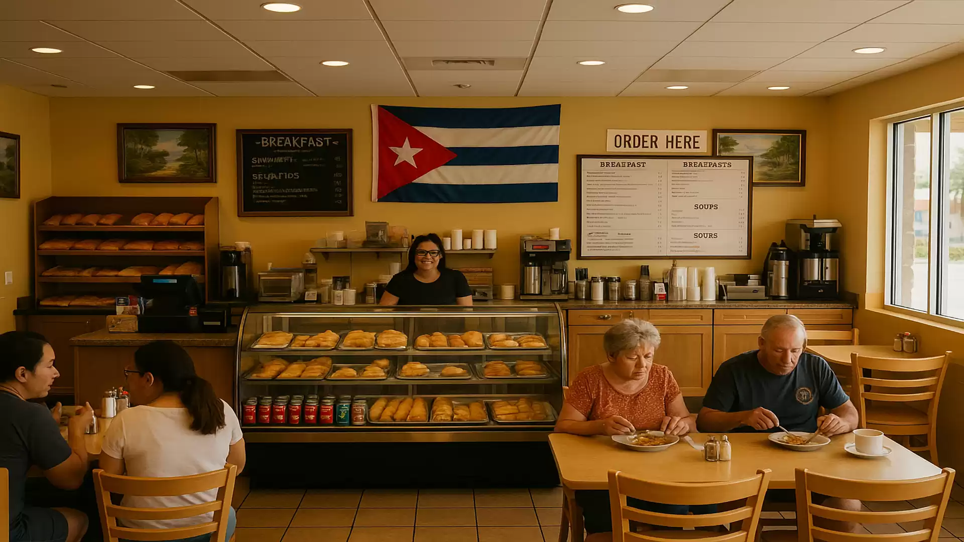 Interior view of a bakery with a Cuban flag on the wall, baked goods in a display case, and patrons sitting at tables.