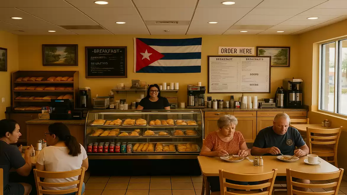 Interior view of a bakery with a Cuban flag on the wall, baked goods in a display case, and patrons sitting at tables.