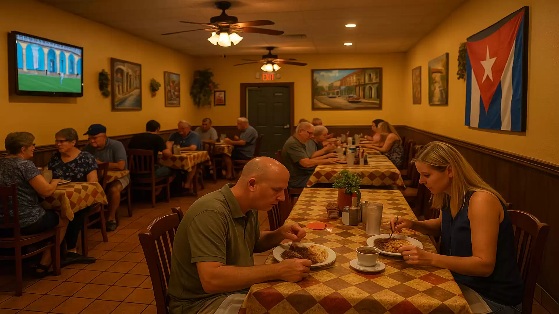 Cozy restaurant with Cuban flag on the wall, guests dining at checkered tables.