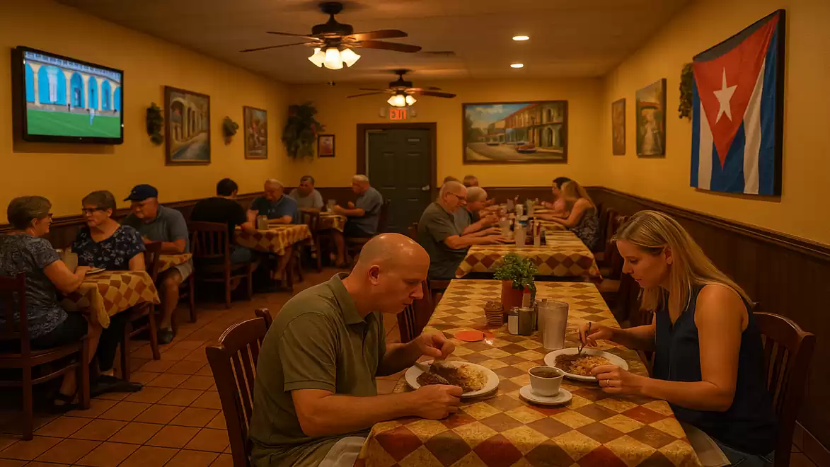 Cozy restaurant with Cuban flag on the wall, guests dining at checkered tables.