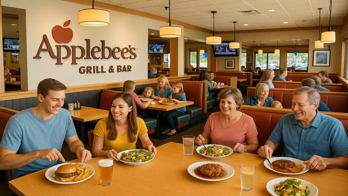 A happy group of people sitting in an Applebee's restaurant enjoying meals.