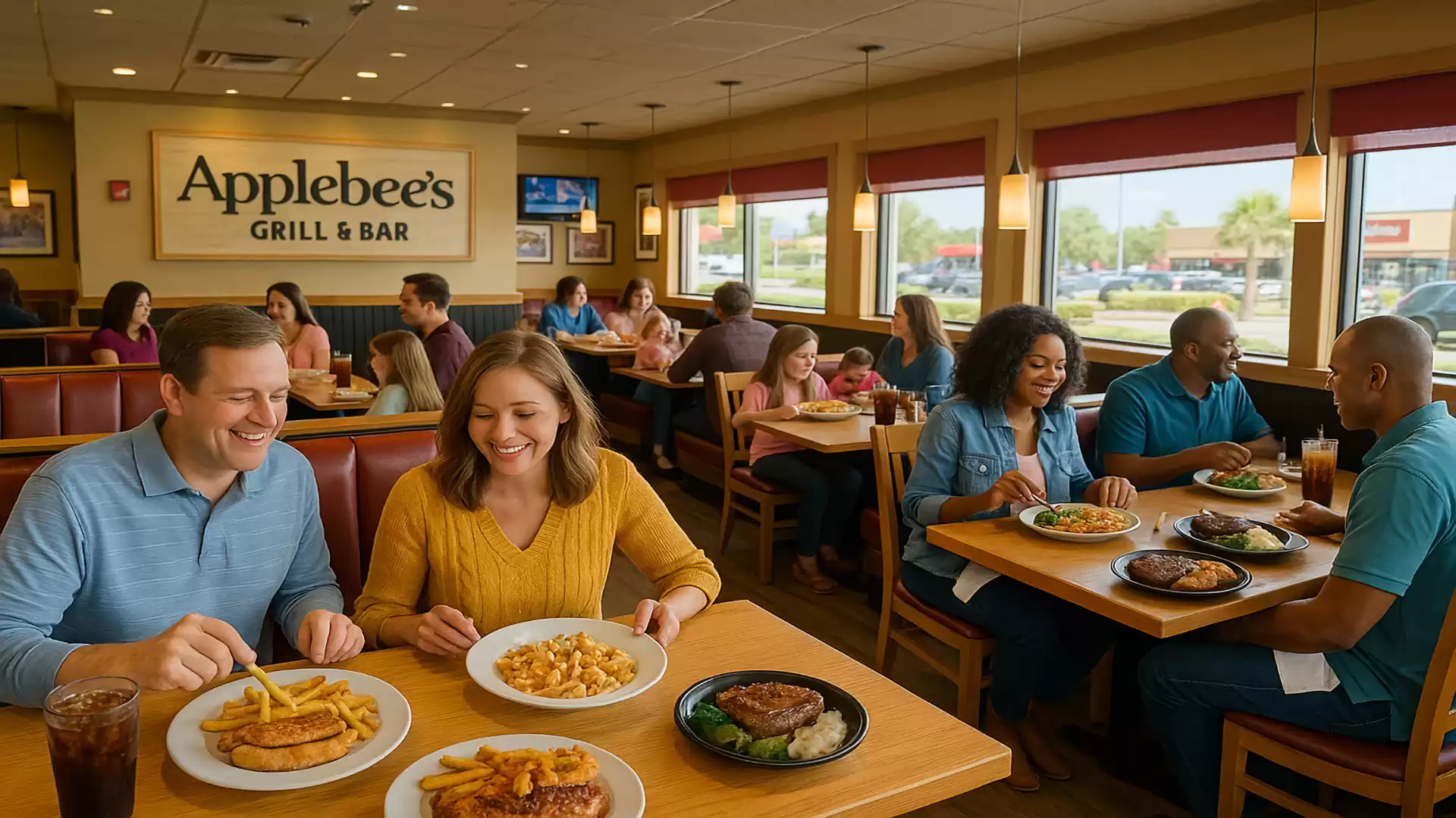 People enjoying meals in a busy Applebee's Grill & Bar restaurant.