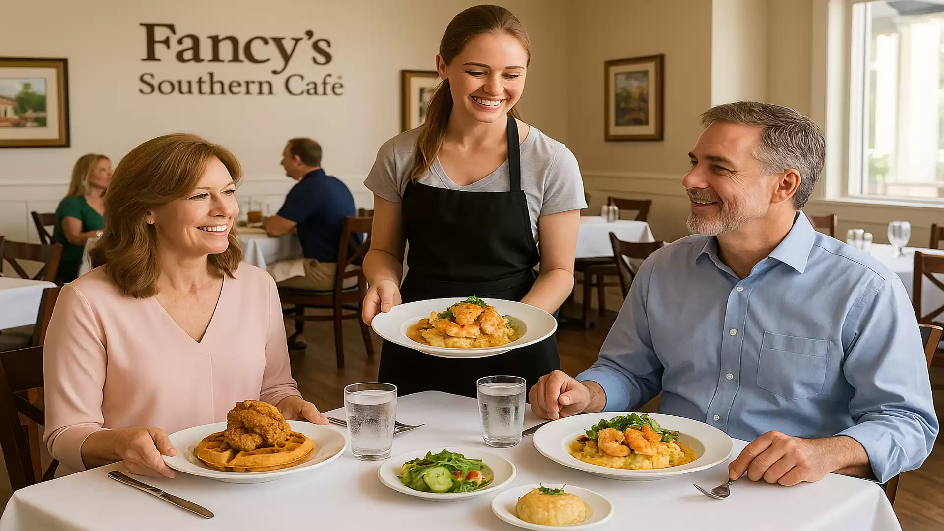 A waitress serves two guests dishes with fried chicken in a stylish café.