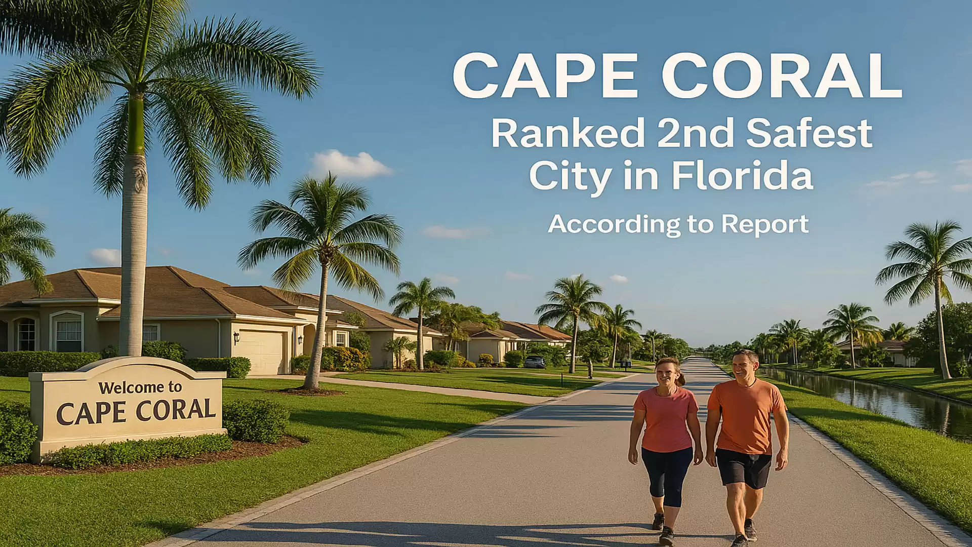 Two people walk down a street in Cape Coral, flanked by palm trees and residential houses. A sign welcomes visitors to Cape Coral.