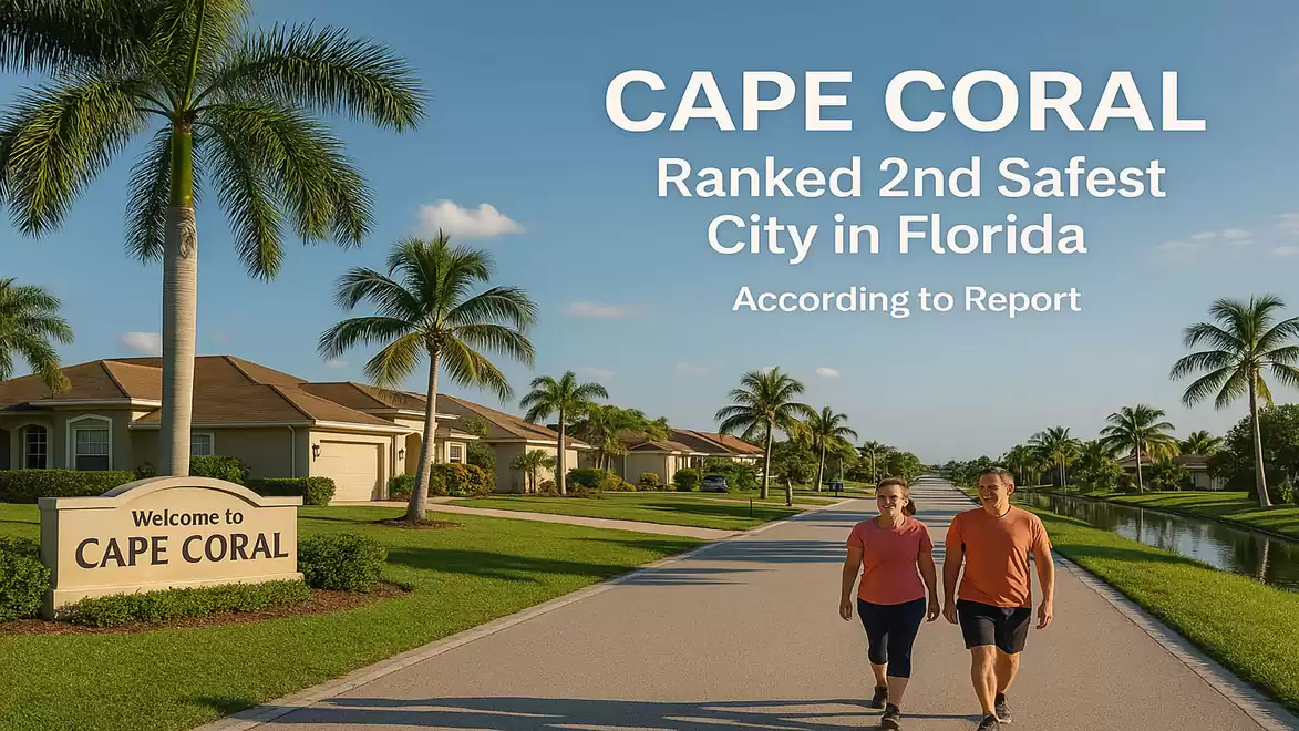 Two people walk down a street in Cape Coral, flanked by palm trees and residential houses. A sign welcomes visitors to Cape Coral.